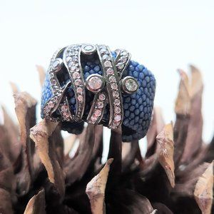 Blue Stingray Leather, Oxidized Sterling Silver, and White Topaz Adjustable Ring